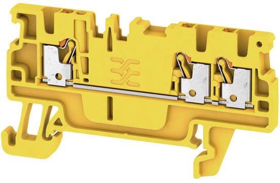 Une borne de raccordement jaune, modulaire, à deux points de connexion avec une charnière métallique intégrée. Conçue pour les connexions électriques.
