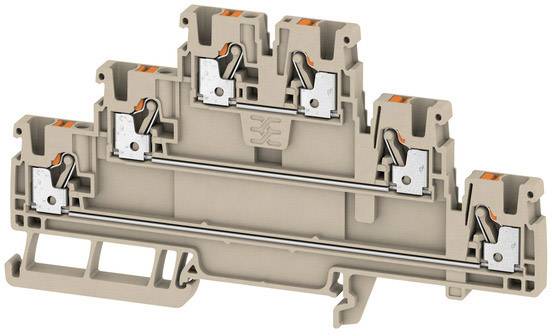 Barrette de connexion électrique en beige avec plusieurs points de raccordement et contacts métalliques, utilisée pour le branchement de câbles dans les tableaux de distribution.