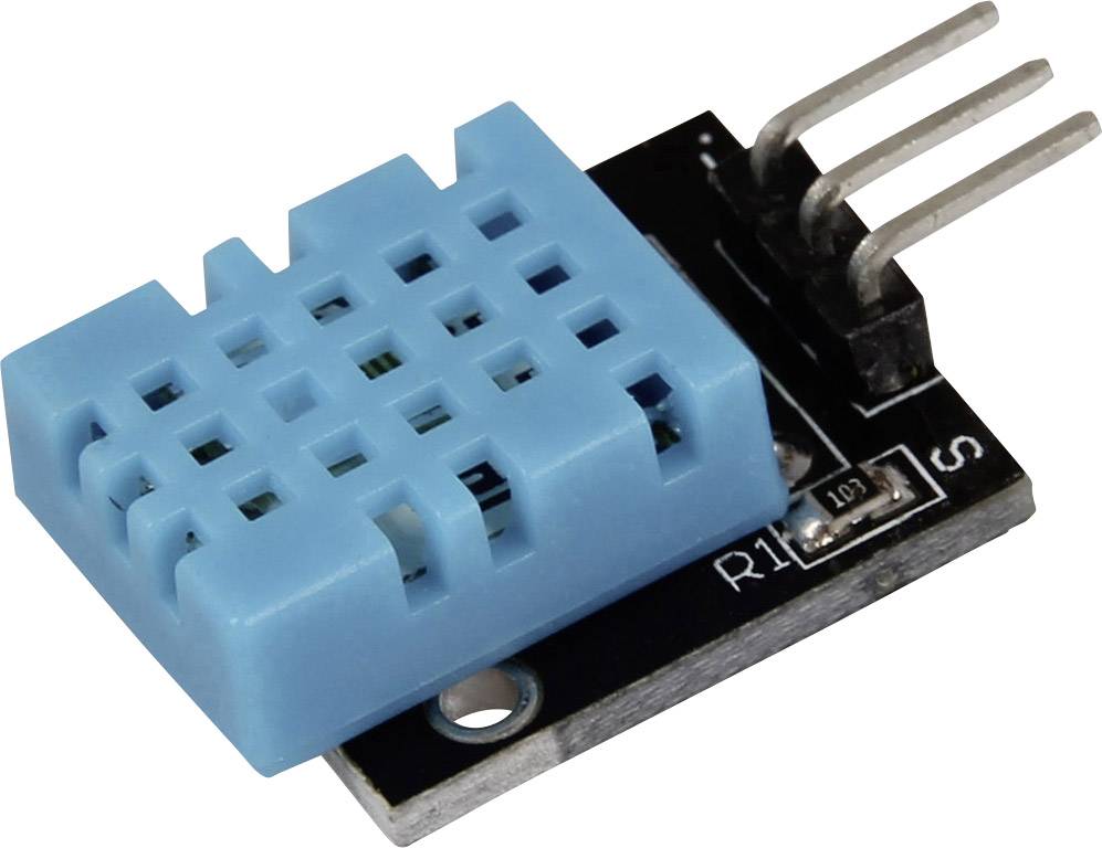 Un capteur numérique bleu de température et d'humidité sur puce noire, adapté aux projets Arduino et aux bricolages électroniques.