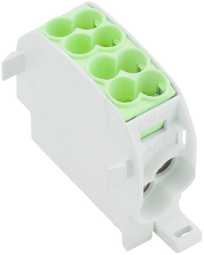 Un bloc de connecteurs électriques vert avec cinq entrées, monté dans un boîtier blanc, destiné à être utilisé dans des installations électriques.