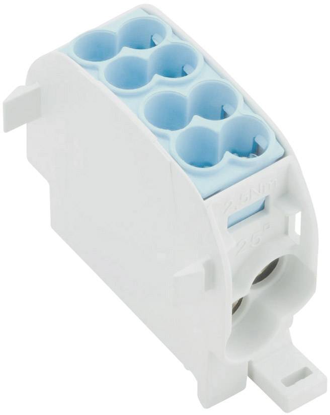 Barrette de connexion électrique blanche avec six bornes bleues. Utilisée pour connecter des conducteurs électriques.