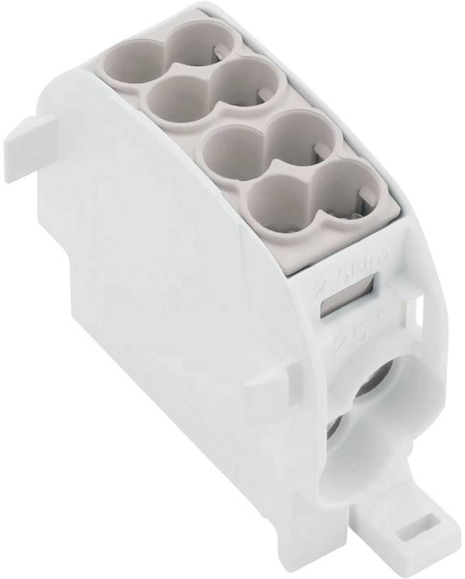Connecteur électrique blanc, avec plusieurs ouvertures rondes pour les connexions de câbles.