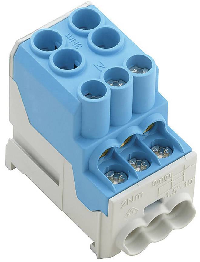 Un connecteur électrique bleu à 5 pôles pour installations électriques, avec des trous pour les connexions de câbles et une base blanche robuste.