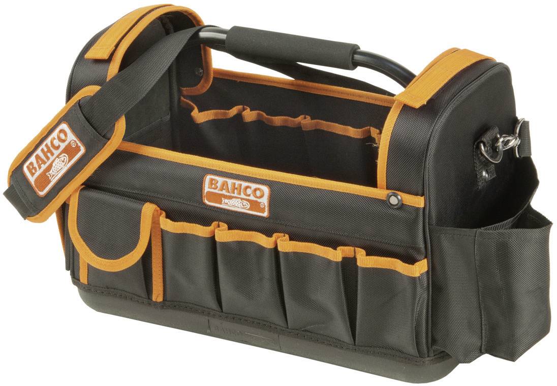 Un sac à outils noir avec des coutures orange et plusieurs poches extérieures, équipé d'une bandoulière, marqué 'BAHCO'.