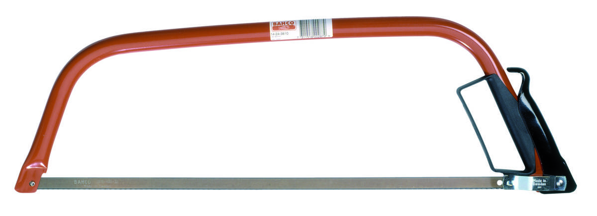 Bügelsäge mit rotem Metallrahmen und schwarzem Griff, geeignet zum Sägen von Holz oder Metall in Werkstätten oder für Heimwerkerarbeiten.