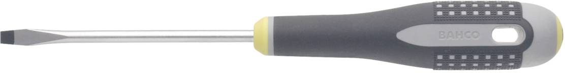 Un tournevis à fente avec une poignée noire et jaune, adapté pour serrer ou desserrer des vis à tête fendue.
