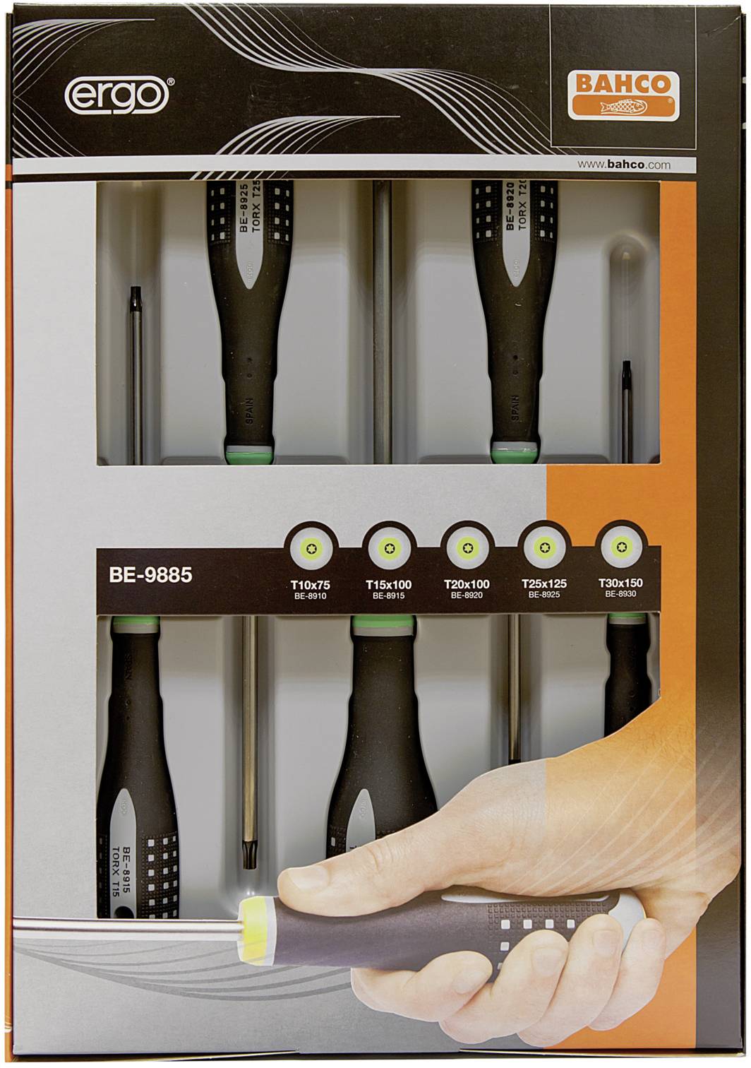 Coffret de tournevis Bahco comprenant huit tournevis différents. Diverses tailles et embouts sont représentés. Une main tient l'un des tournevis.