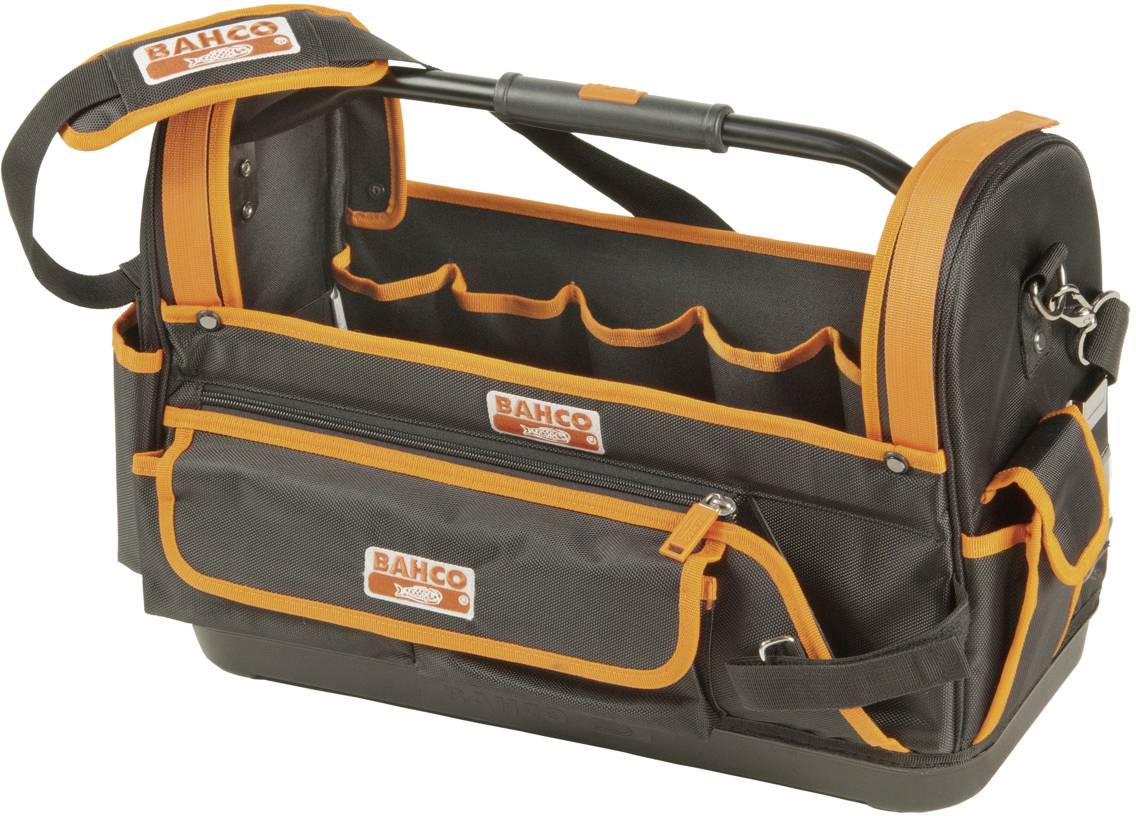 Sac à outils en noir et orange avec plusieurs compartiments et une poignée de transport, portant l'inscription 'Bahco'. Adapté pour l'organisation des outils.