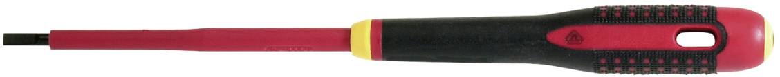 Un tournevis isolé, rouge et noir, avec une poignée ergonomique, est posé horizontalement. Adapté aux travaux électrotechniques.