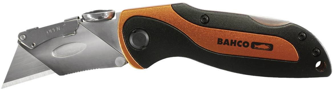 Lame de trapèze rétractable dans un porte-lame avec poignée ergonomique, design noir et orange, marque Bahco. Adapté pour la coupe.