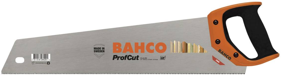 Handsäge mit orange-schwarzem Griff, Markenname 'BAHCO', Modell 'ProfCut'. Sie ist für Holzschnitte konzipiert und in Schweden hergestellt.