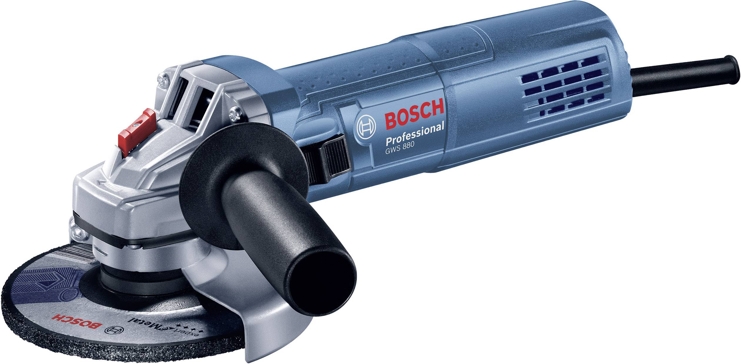 Un meuleuse d'angle bleue avec manche et disque noirs. Marque 'Bosch Professional'. Adaptée aux travaux de construction ou de bricolage.