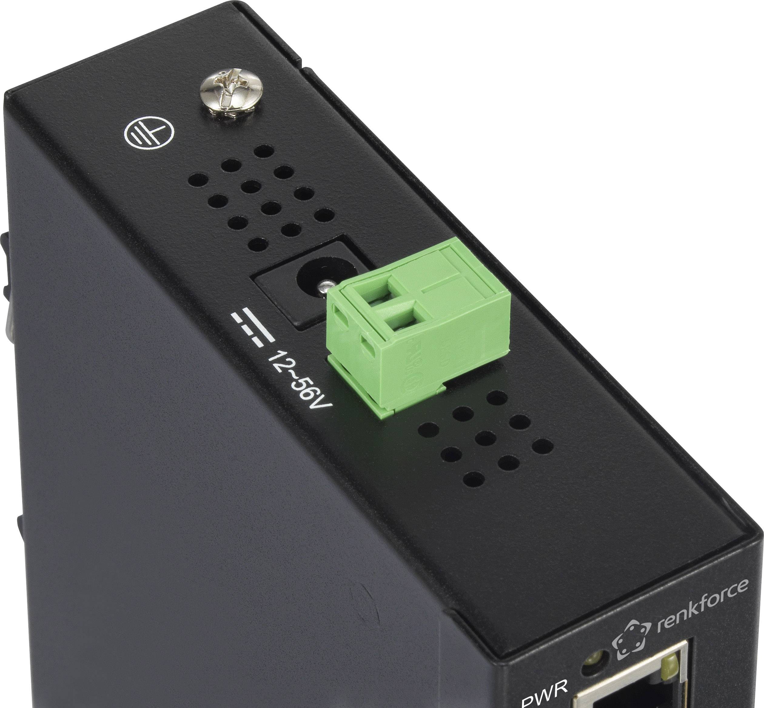 Appareil électronique noir avec un bloc de connexion vert en haut, marqué '12-56V'. Un petit trou et un bouton de vis sont visibles.