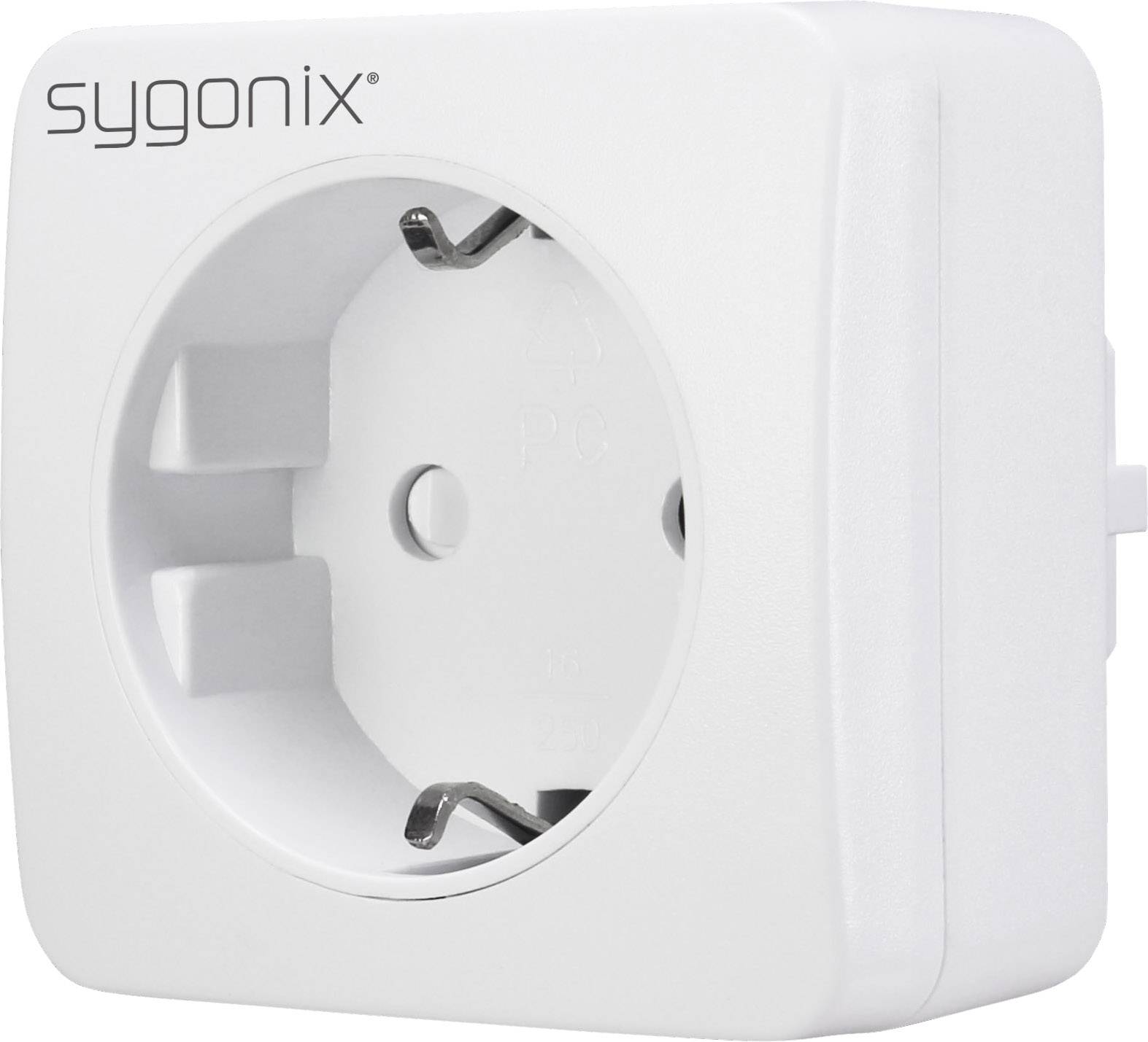 Prise électrique blanche de la marque Sygonix avec deux trous et contact de terre, adaptée aux appareils électriques dans les foyers européens.