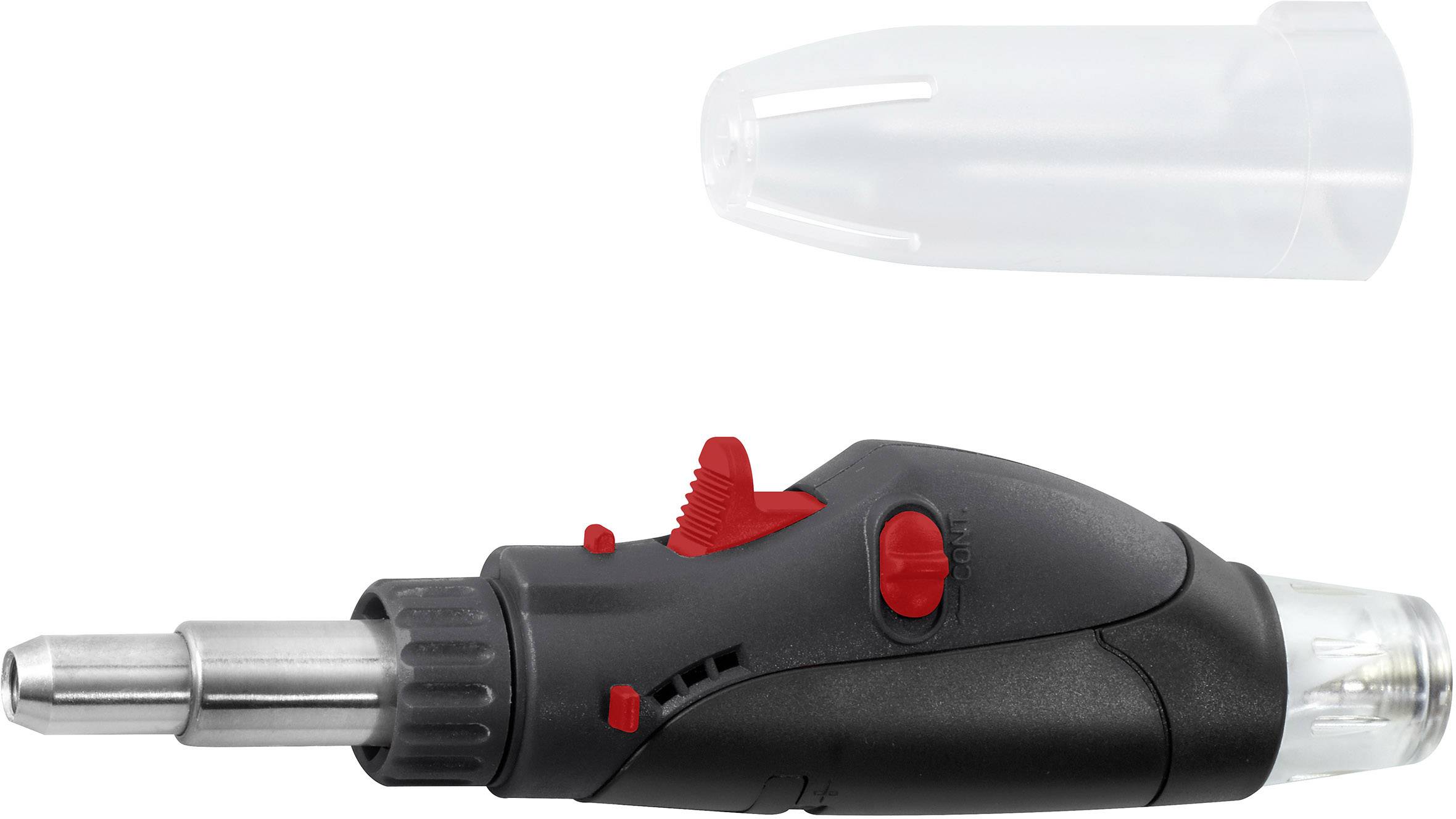 Un chalumeau portable à gaz avec un boîtier noir et des éléments de commande rouges, adapté pour le soudage précis et les travaux manuels.