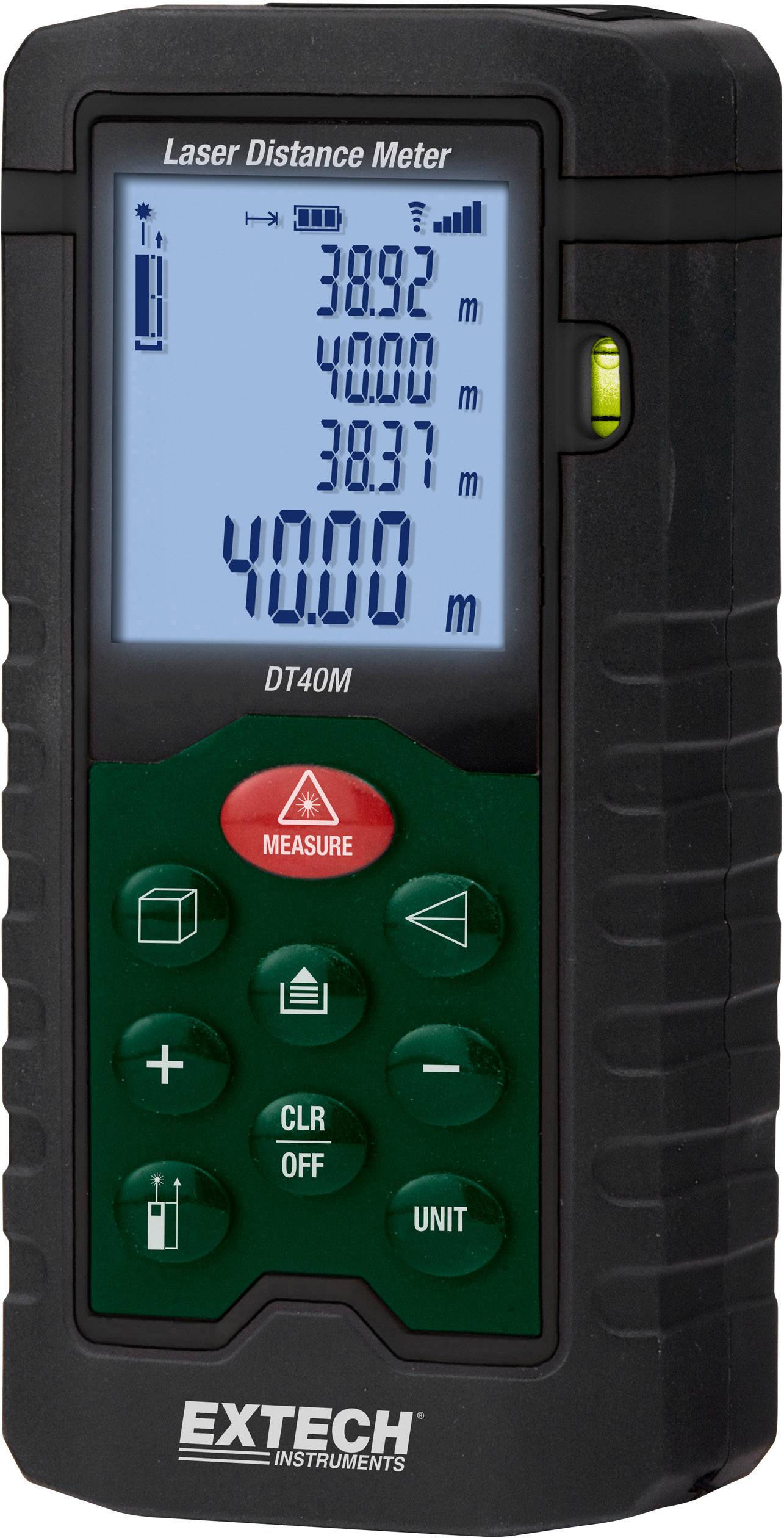 Télémètre laser avec affichage, indiquant les valeurs de mesure en mètres (38,92 m, 40,00 m, 38,37 m). Touche de l'appareil 'MESURE'.