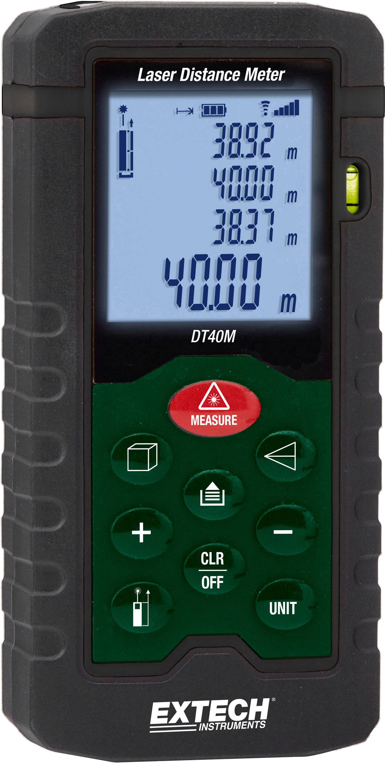 Télémètre laser avec affichage numérique indiquant les mesures en mètres. Symbole central rouge 'MEASURE', touches de fonction vertes en dessous.