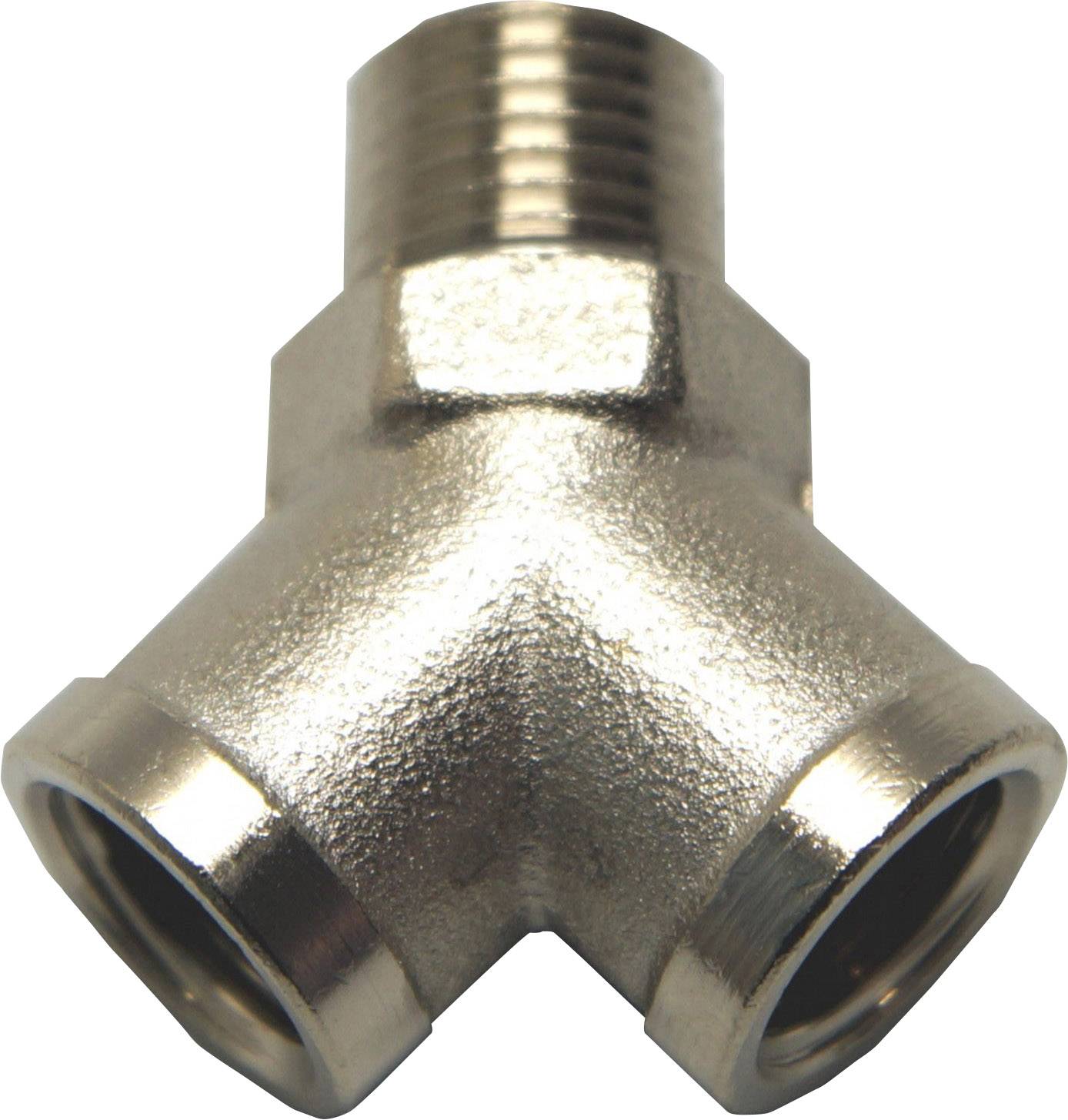 Té métallique fileté à trois raccords, utilisé pour connecter des conduites dans un système hydraulique.