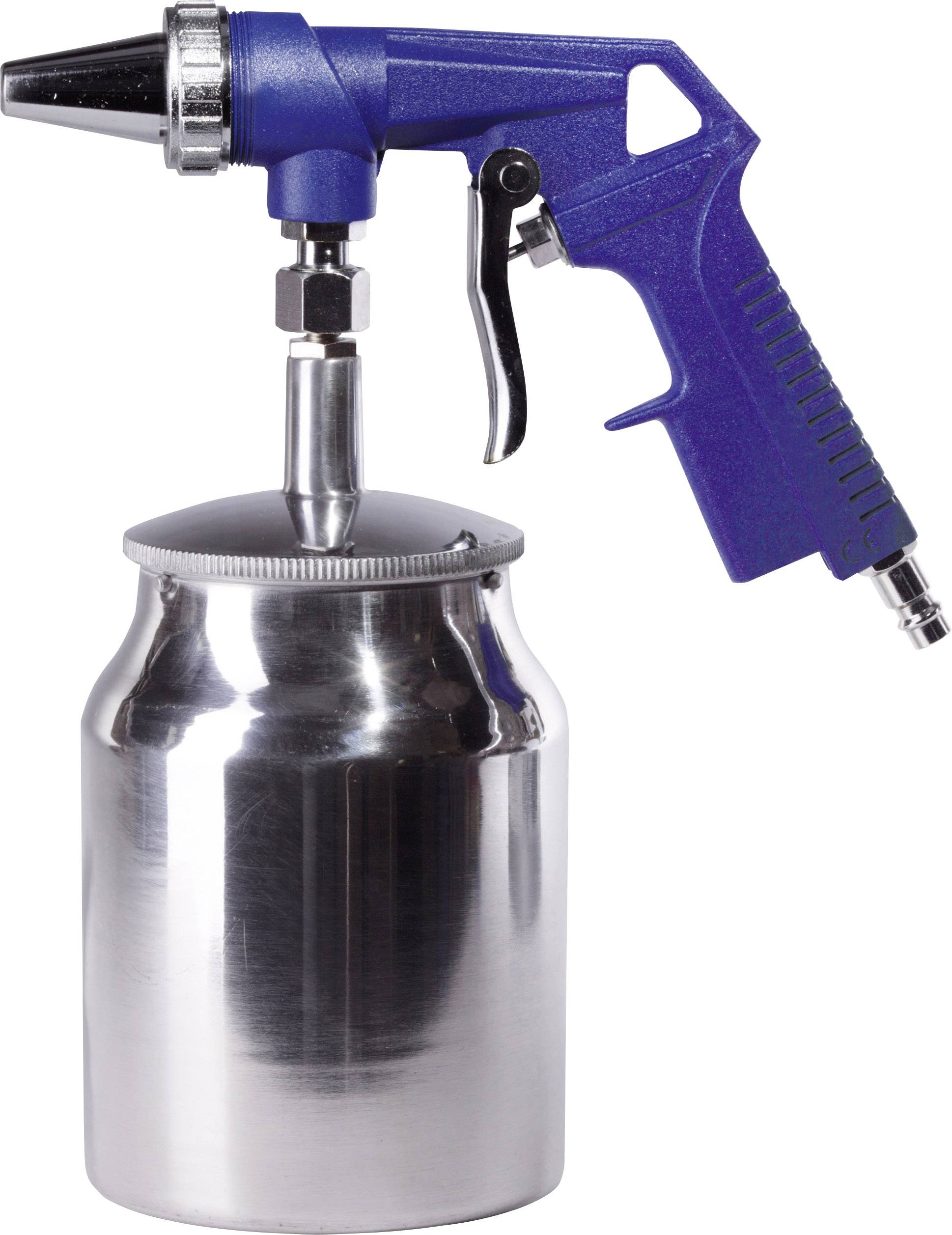 Un pistolet à air comprimé bleu avec un réservoir métallique, souvent utilisé pour le nettoyage ou la désinfection.