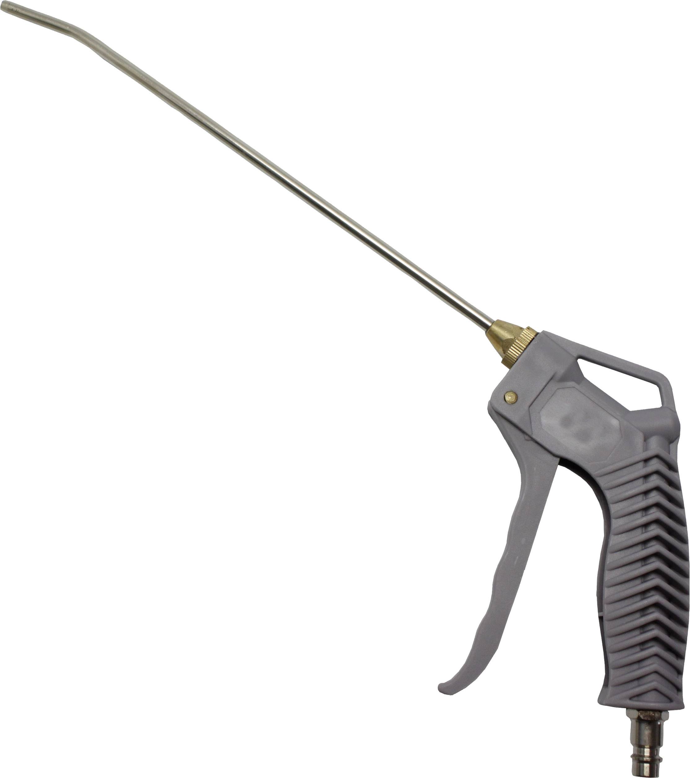 Pistolet pneumatique à poignée grise et long canon métallique. Souvent utilisé pour le nettoyage ou l'élimination de la poussière dans les ateliers.