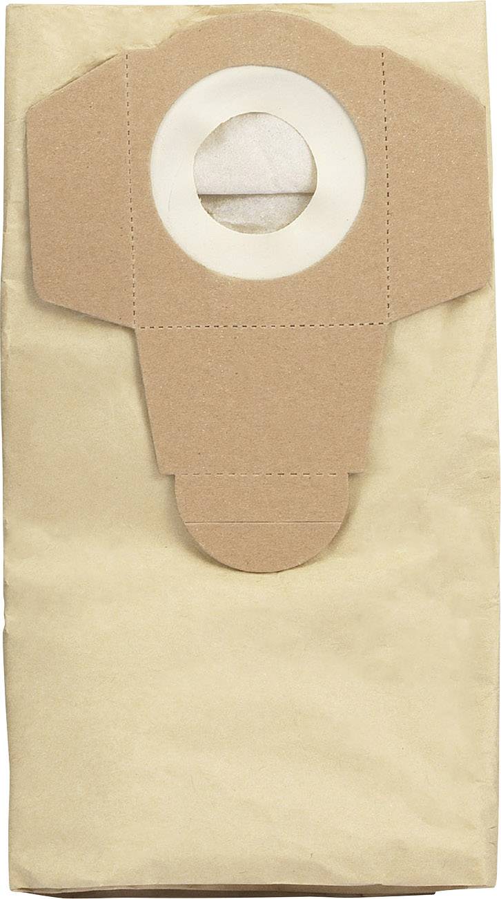 Sac d'aspirateur en papier brun avec un raccord en plastique rond au centre.