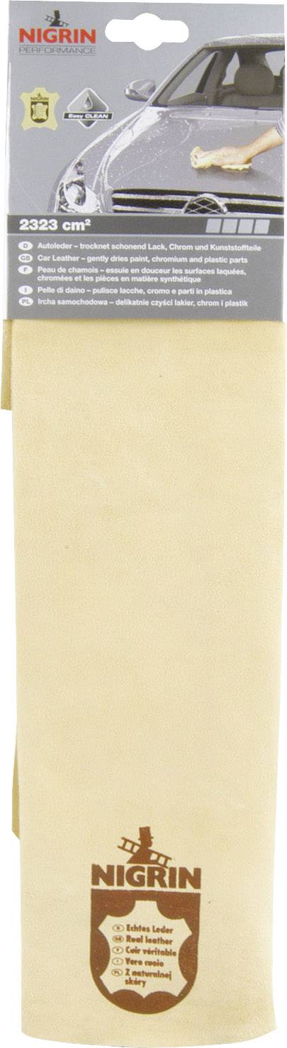 Chiffon de nettoyage Nigrin-Lederlappen (2323 cm²) pour l'entretien automobile, illustré à côté d'une voiture. L'emballage présente les avantages du nettoyage et son utilisation.