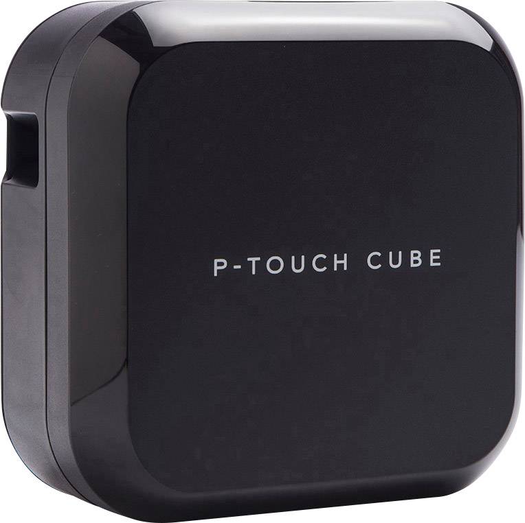 Imprimante d'étiquettes P-Touch Cube noire à la forme lisse et carrée avec des angles arrondis. Texte 'P-TOUCH CUBE' sur la face avant.