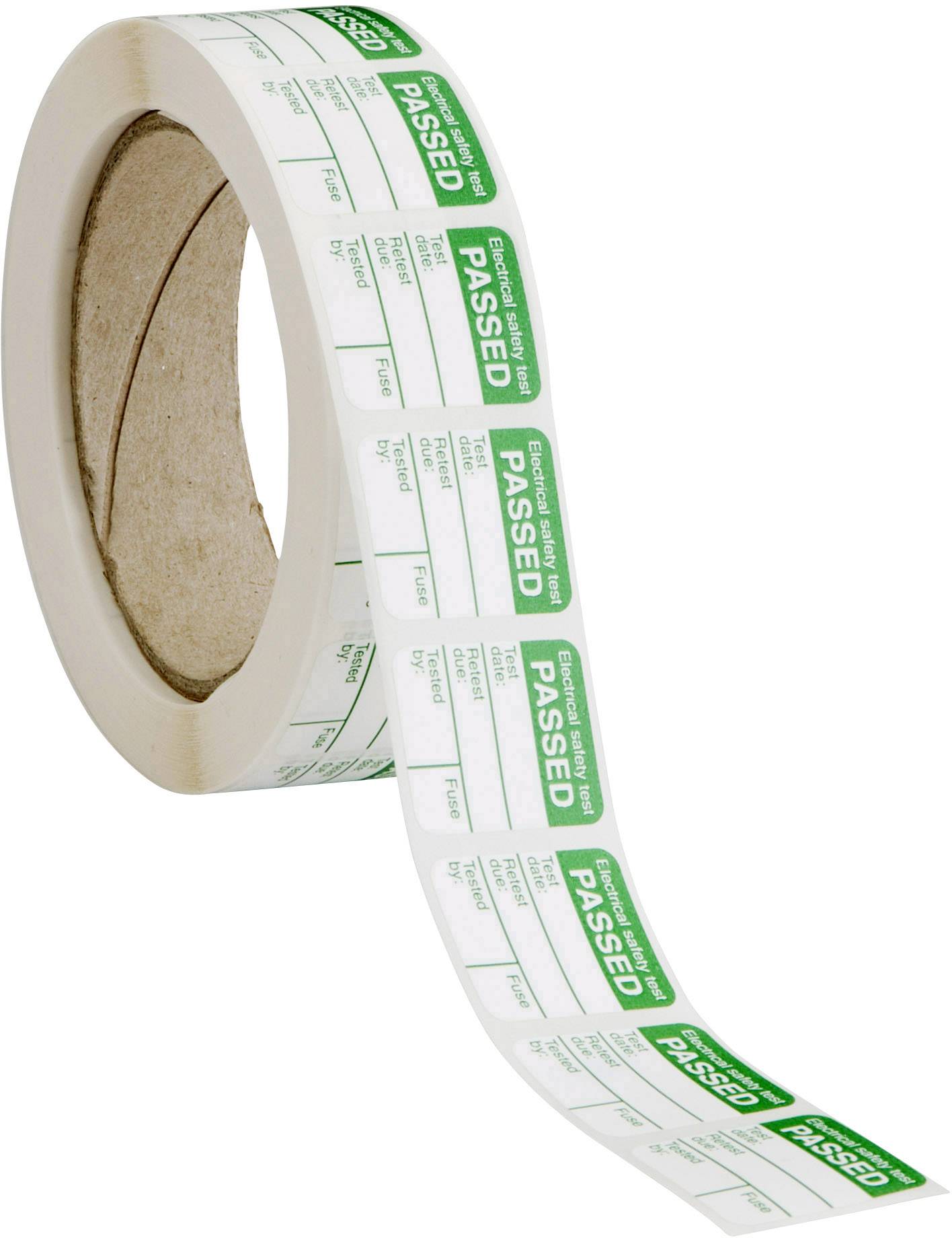 Un rouleau d'étiquettes affichant un texte vert 'PAT Test Passed'. Chaque étiquette comporte des zones pour les résultats du test et la date.
