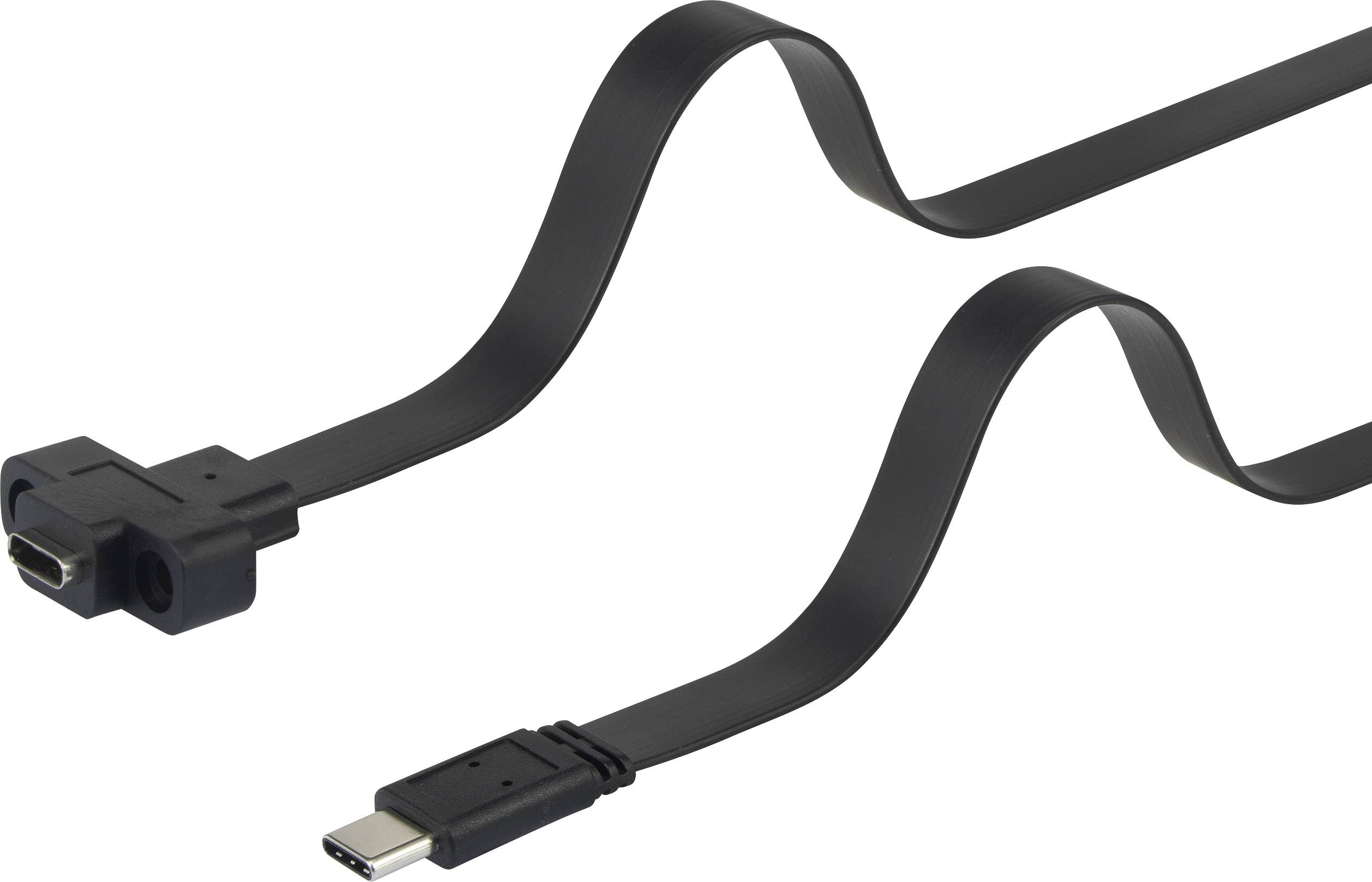 Câble plat noir et fin avec une fiche USB-C à une extrémité et un connecteur HDMI à l'autre, illustrant les options de connexion.