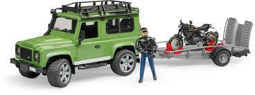 Bruder Land Rover Defender Station Wagon mit Anhänger, Ducati Scrambler Cafe Racer und Fahrer