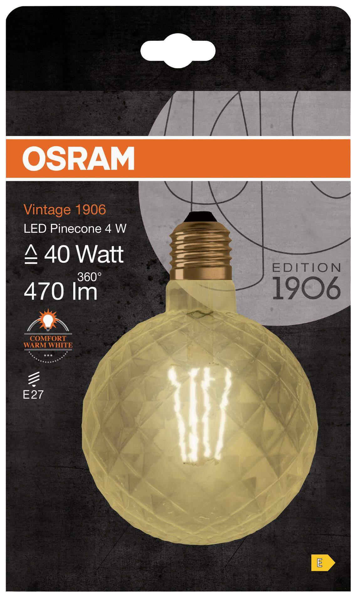 Ampoule LED Osram Vintage 1906, 4W, 40 Watts, 470 Lumens, E27. Lumière confortable blanc chaud. Édition 1906, forme de pomme de pin.
