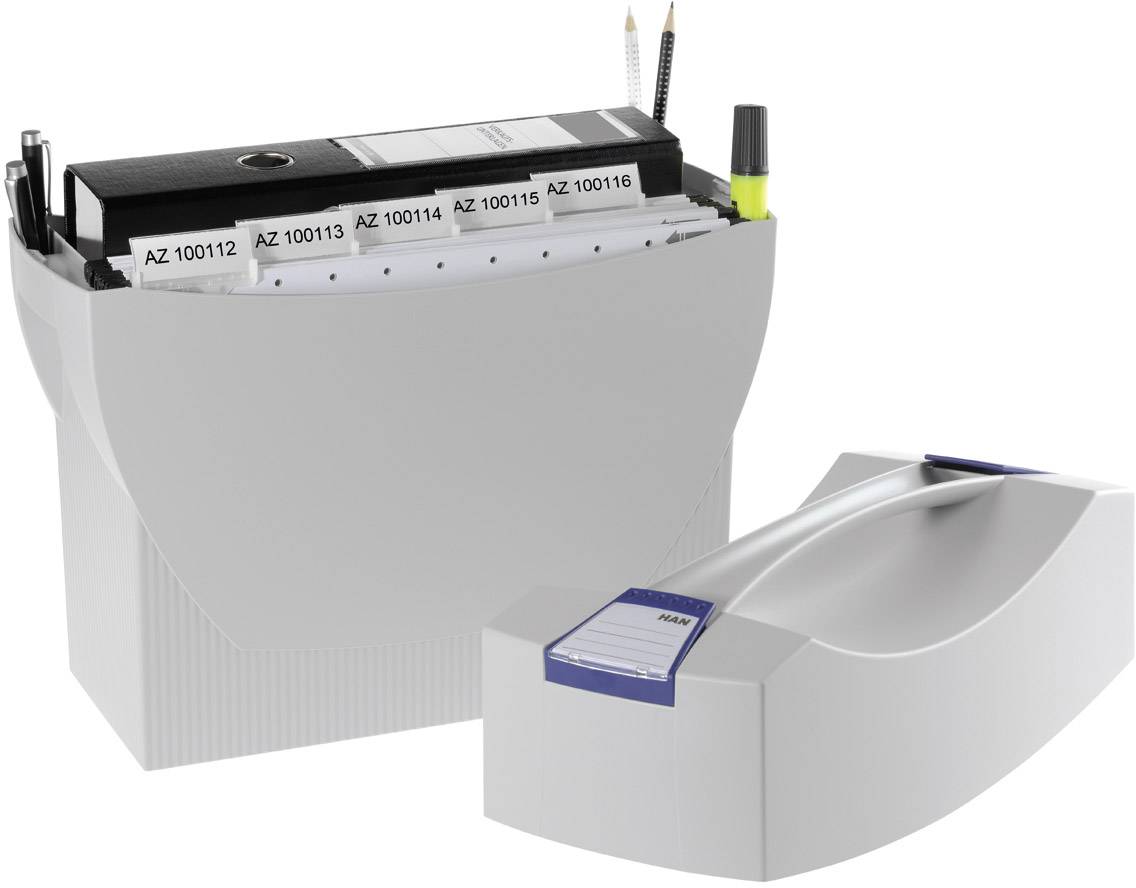 Une boîte organisatrice de bureau grise avec des dossiers bien rangés, des stylos et un perforateur, à côté de laquelle se trouve un petit agrafeur au design similaire.