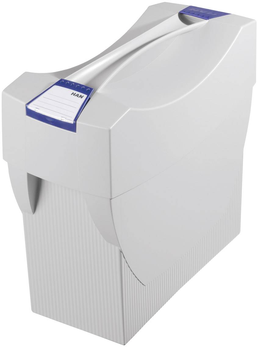 Un destructeur de documents blanc avec une étiquette bleue sur le dessus. Il a une forme légèrement incurvée et des rainures sur le côté.