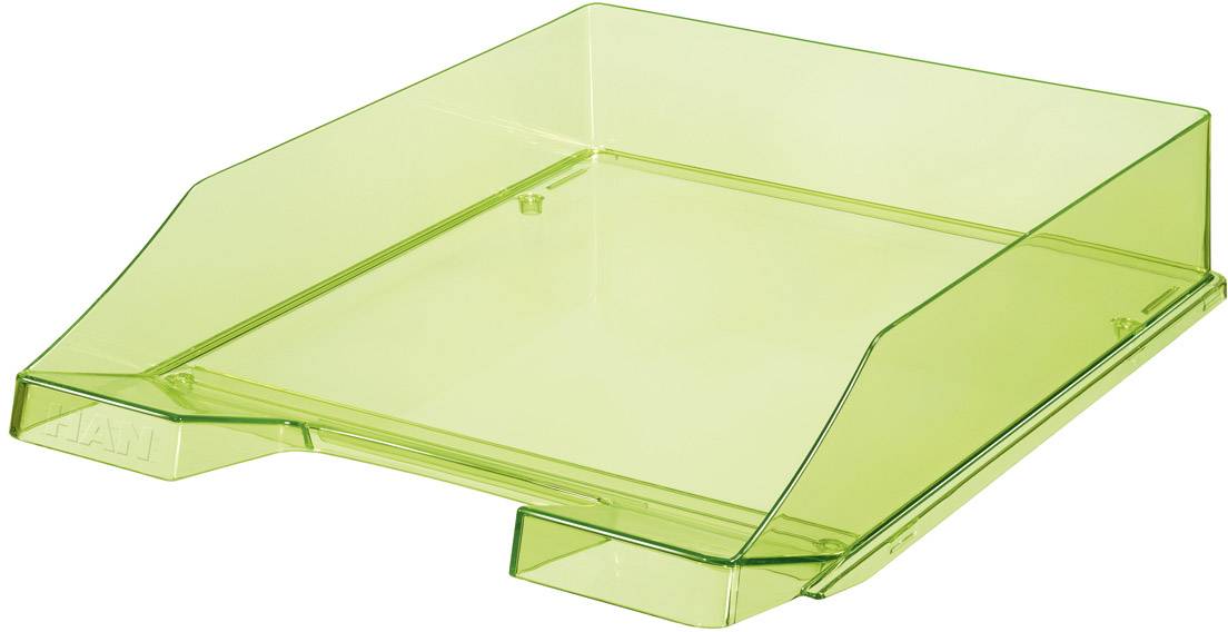 Un bac de rangement vert en plastique transparent, adapté au stockage de documents ou de papiers sur un bureau.