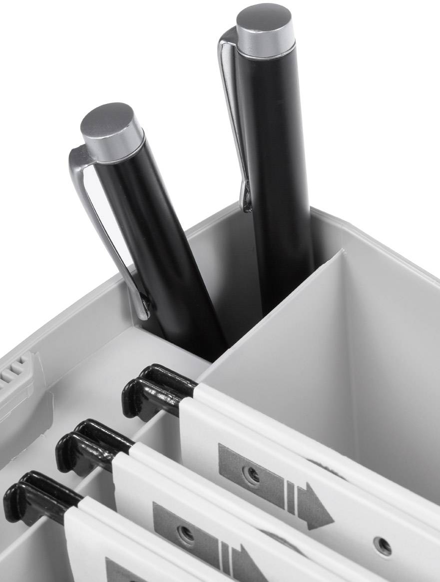 Organiseur de bureau avec deux stylos noirs et plusieurs classeurs blancs marqués de flèches.