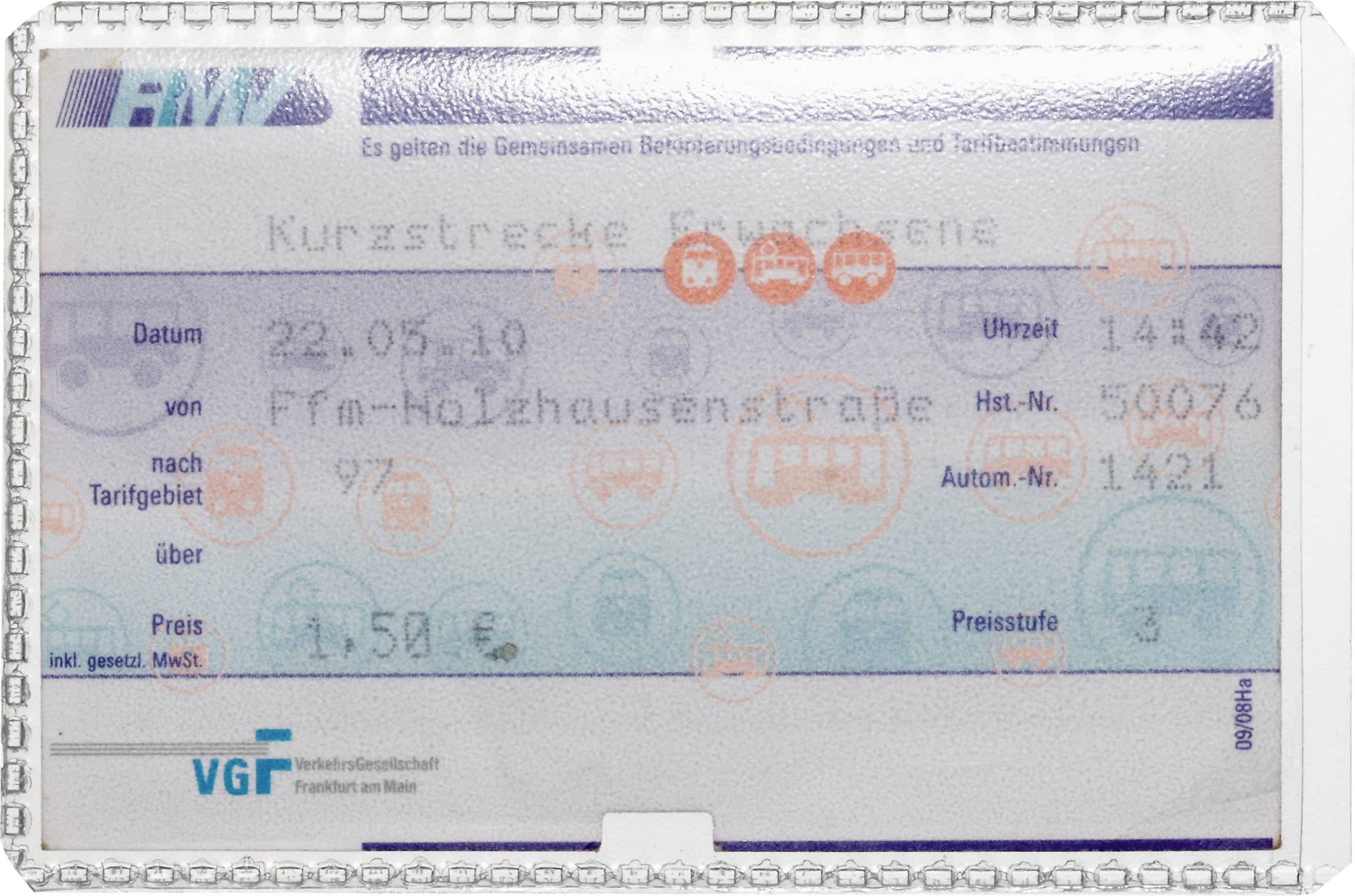 Billet de trajet court pour adultes à Francfort-sur-le-Main, valable le 22/05/10. Prix : 1,50 €. Opérateur : VGF.