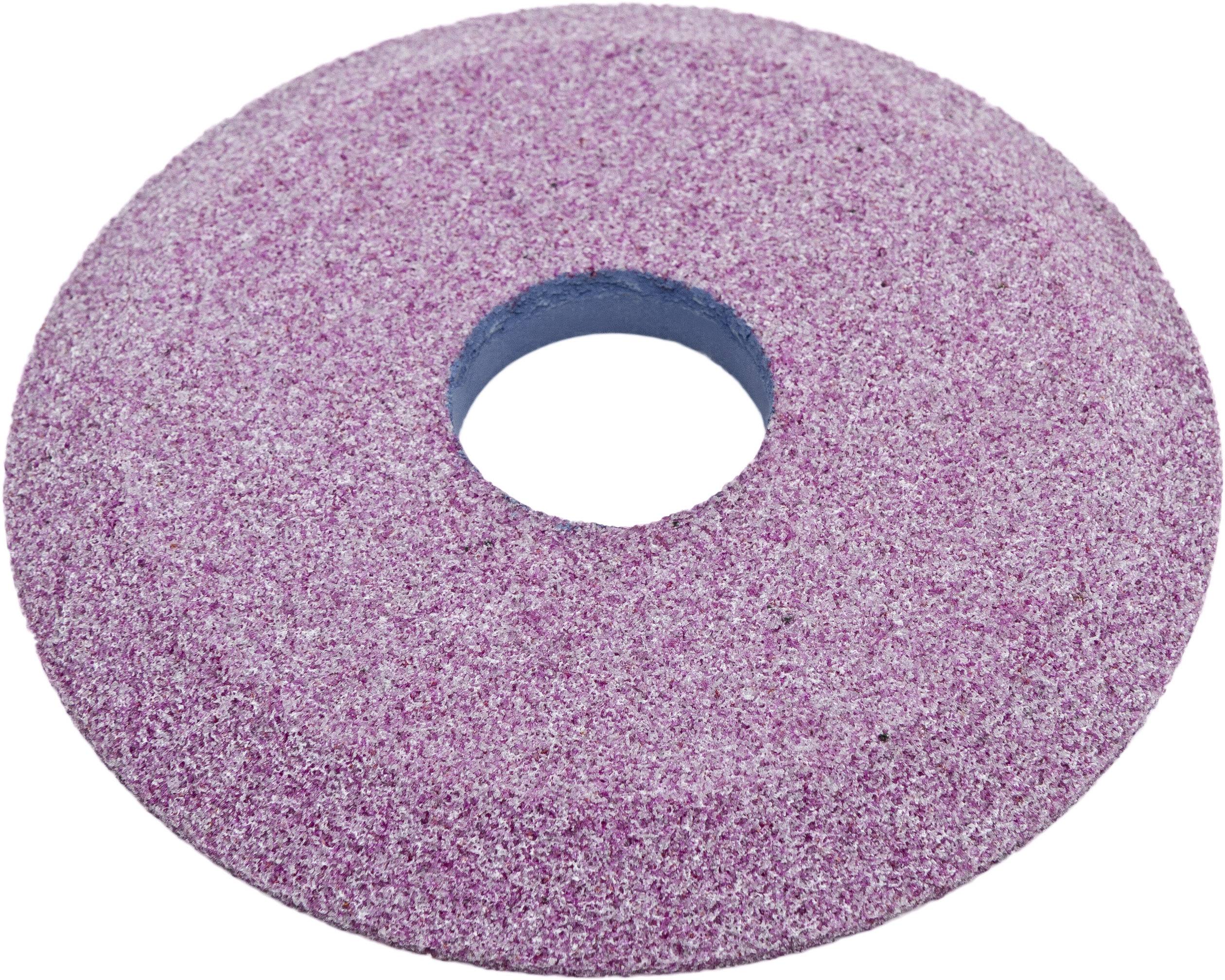 Disque abrasif rose avec un trou rond au centre, utilisé pour lisser les surfaces dans le travail des métaux.