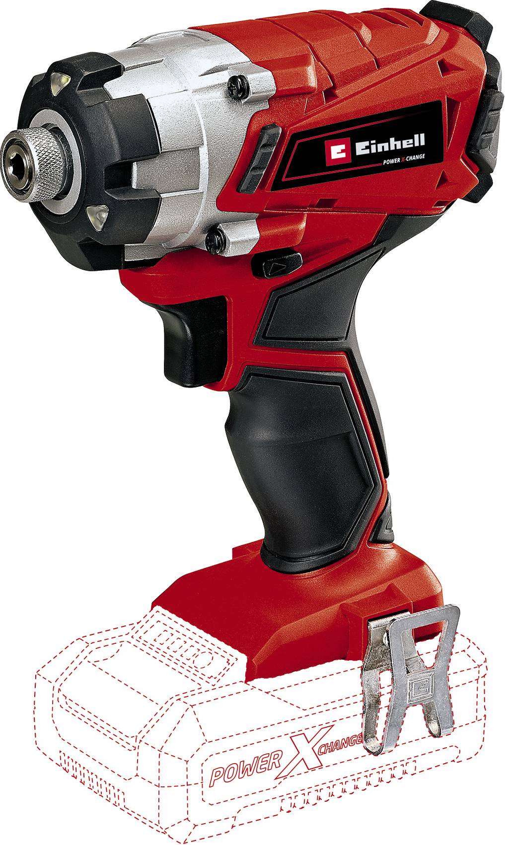 Visseuse sans fil en rouge et noir, marque Einhell, sans batterie. Design compact avec boîtier robuste pour des applications polyvalentes.