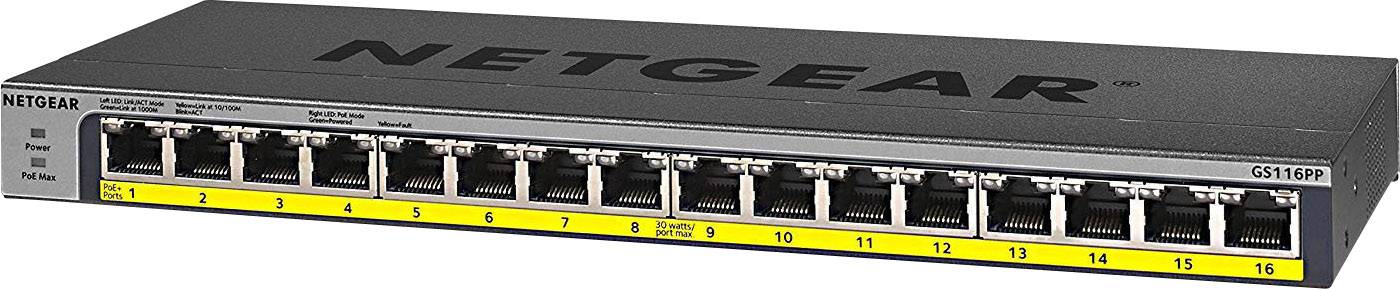 Un commutateur réseau Netgear GS116PP noir avec 16 ports Ethernet. Les voyants LED indiquent l'état de l'alimentation et du PoE.