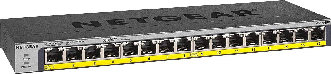 Commutateur réseau Netgear avec seize ports Ethernet alignés, adapté à l'extension d'un réseau.