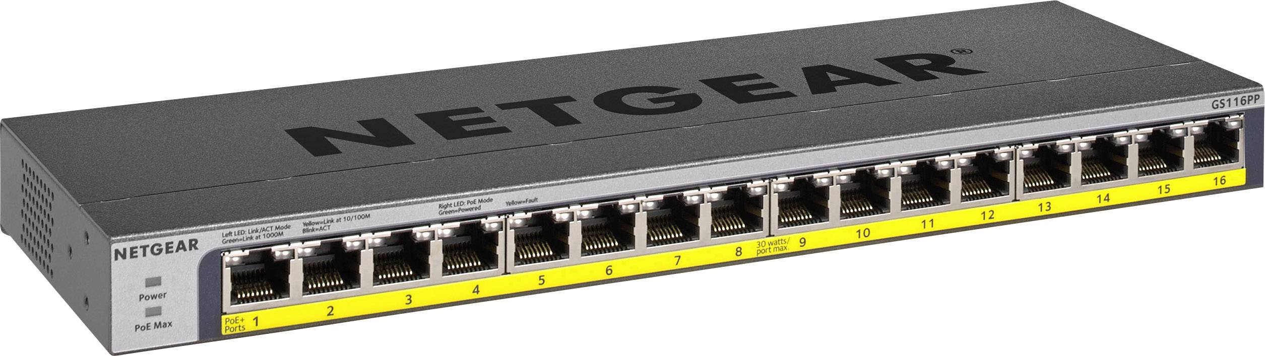 Commutateur réseau Netgear avec 16 ports Ethernet, modèle GS116PP, adapté pour une utilisation dans les réseaux d'entreprise.