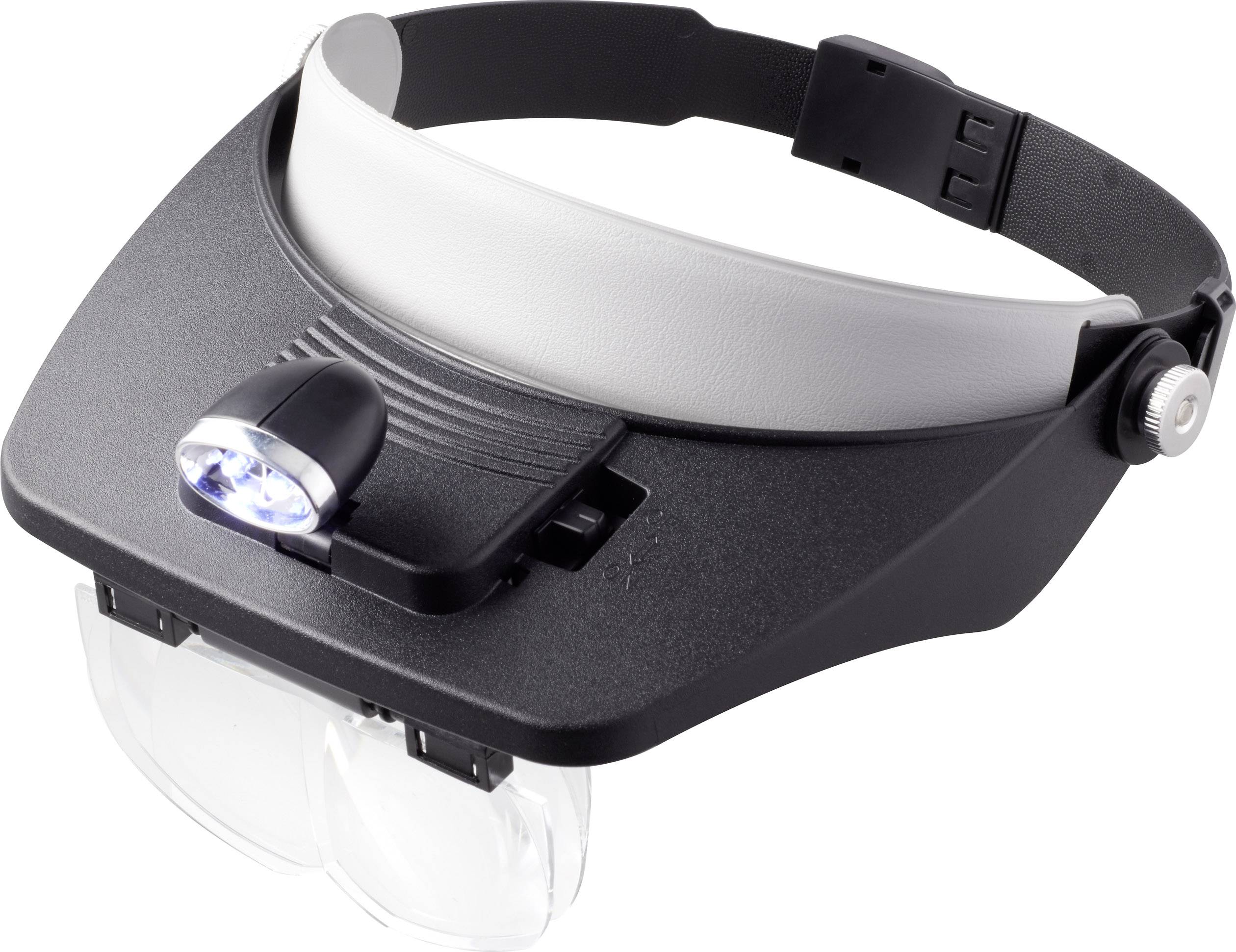 Loupe frontale réglable avec éclairage LED, design noir et blanc, adaptée aux travaux de précision comme la lecture ou les réparations.