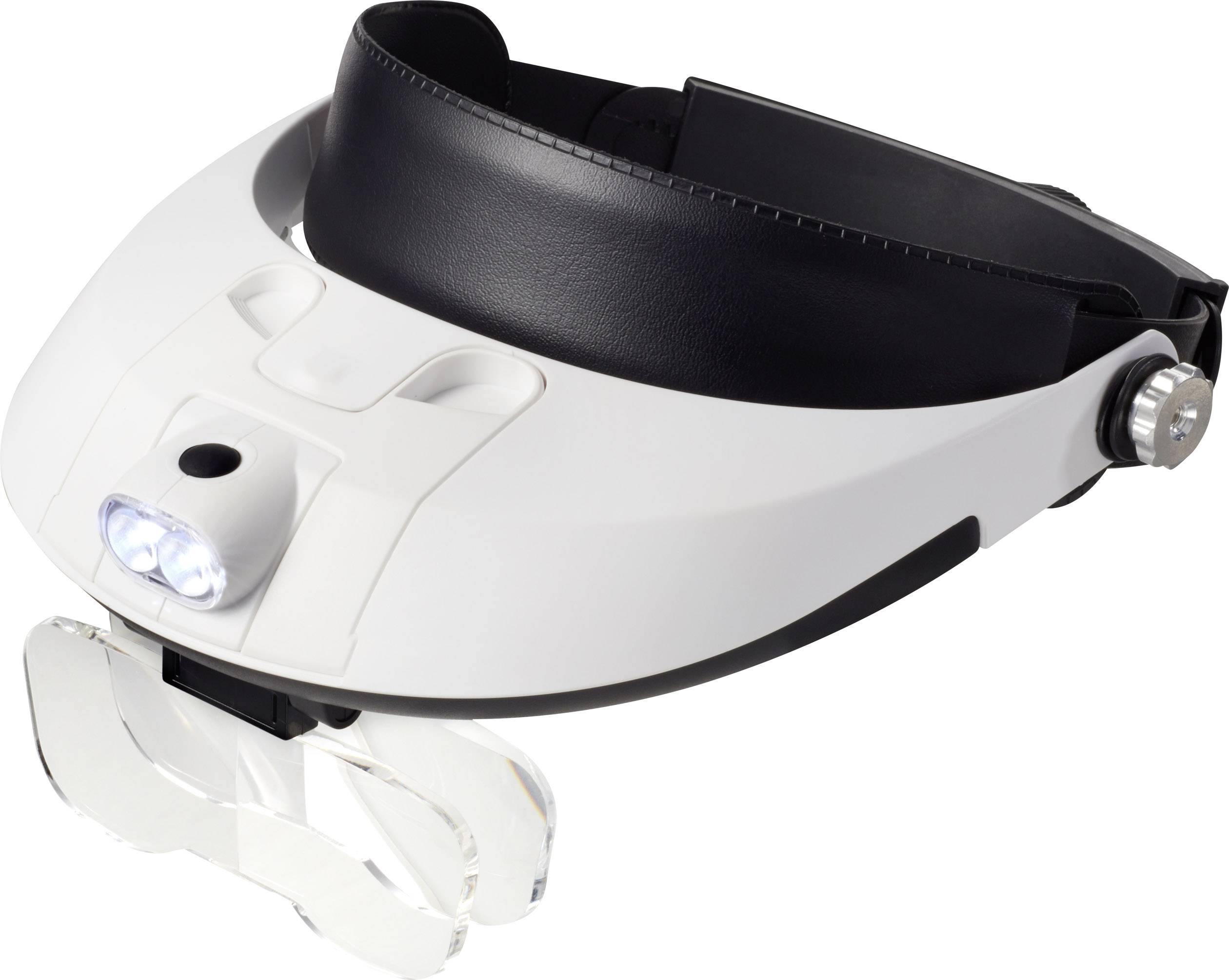 Loupe à éclairage, adaptée aux travaux détaillés. Boîtier blanc avec bandeau frontal noir et lentilles réglables.