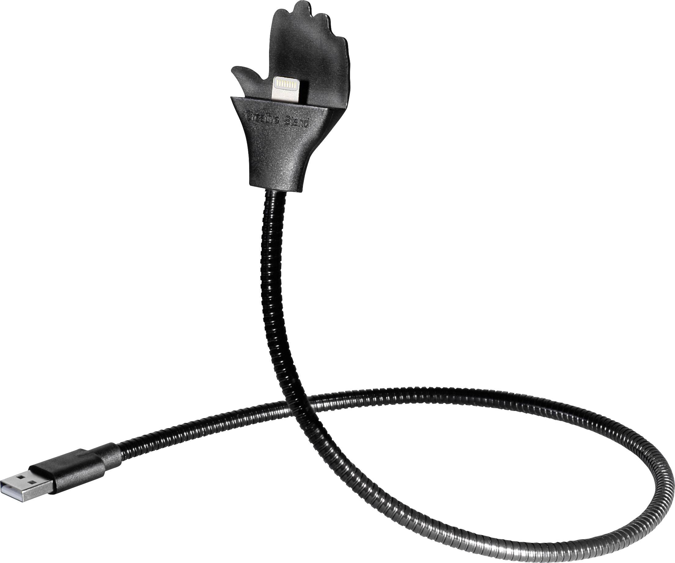 Un câble de charge USB flexible avec une forme de main à son extrémité, servant de support pour un smartphone.