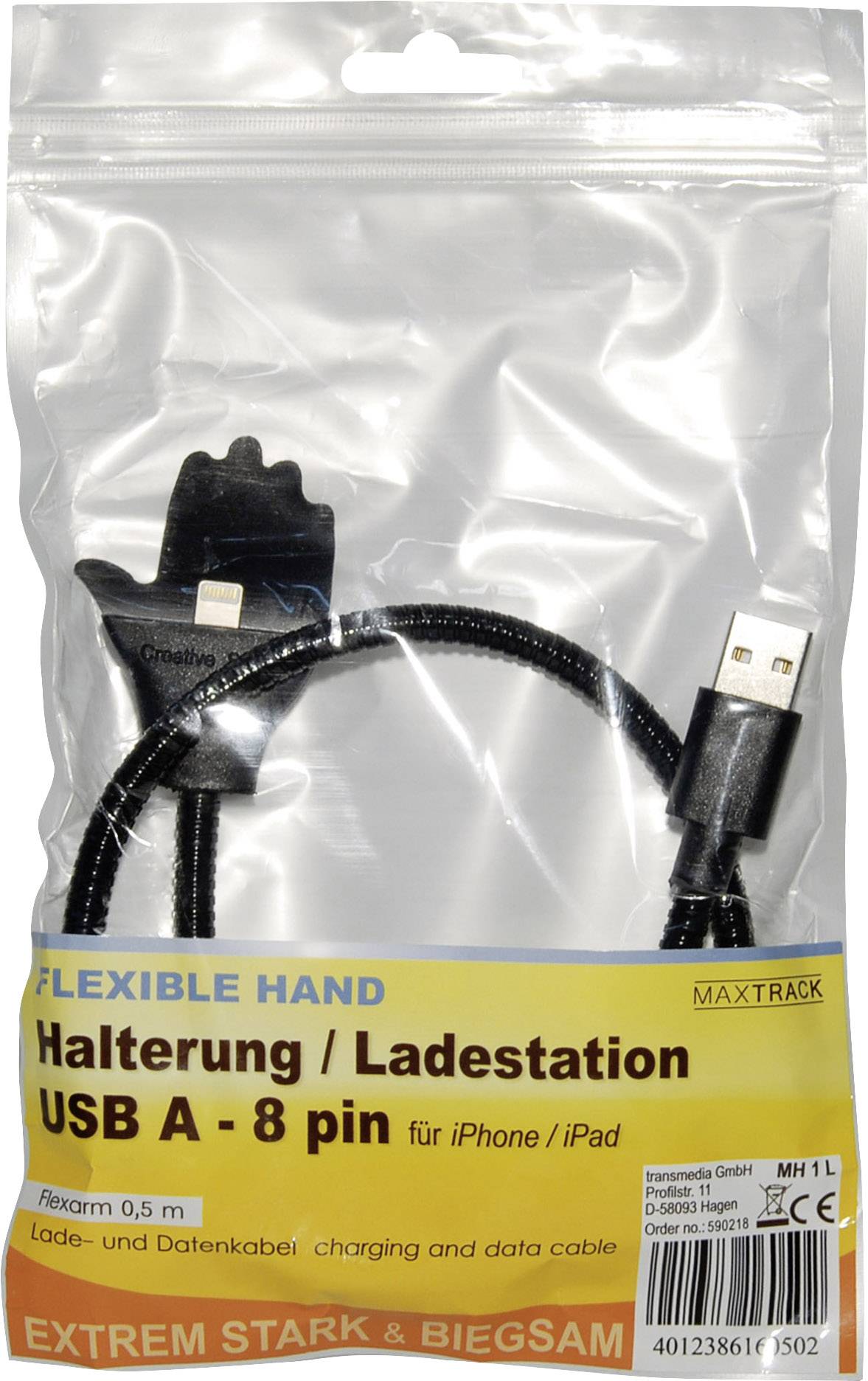 Câble Lightning 'Flexible Hand', USB A vers 8 broches, longueur 0,5 m, pour iPhone/iPad, robuste et flexible, marque Maxtrack. Emballage présentant le produit.