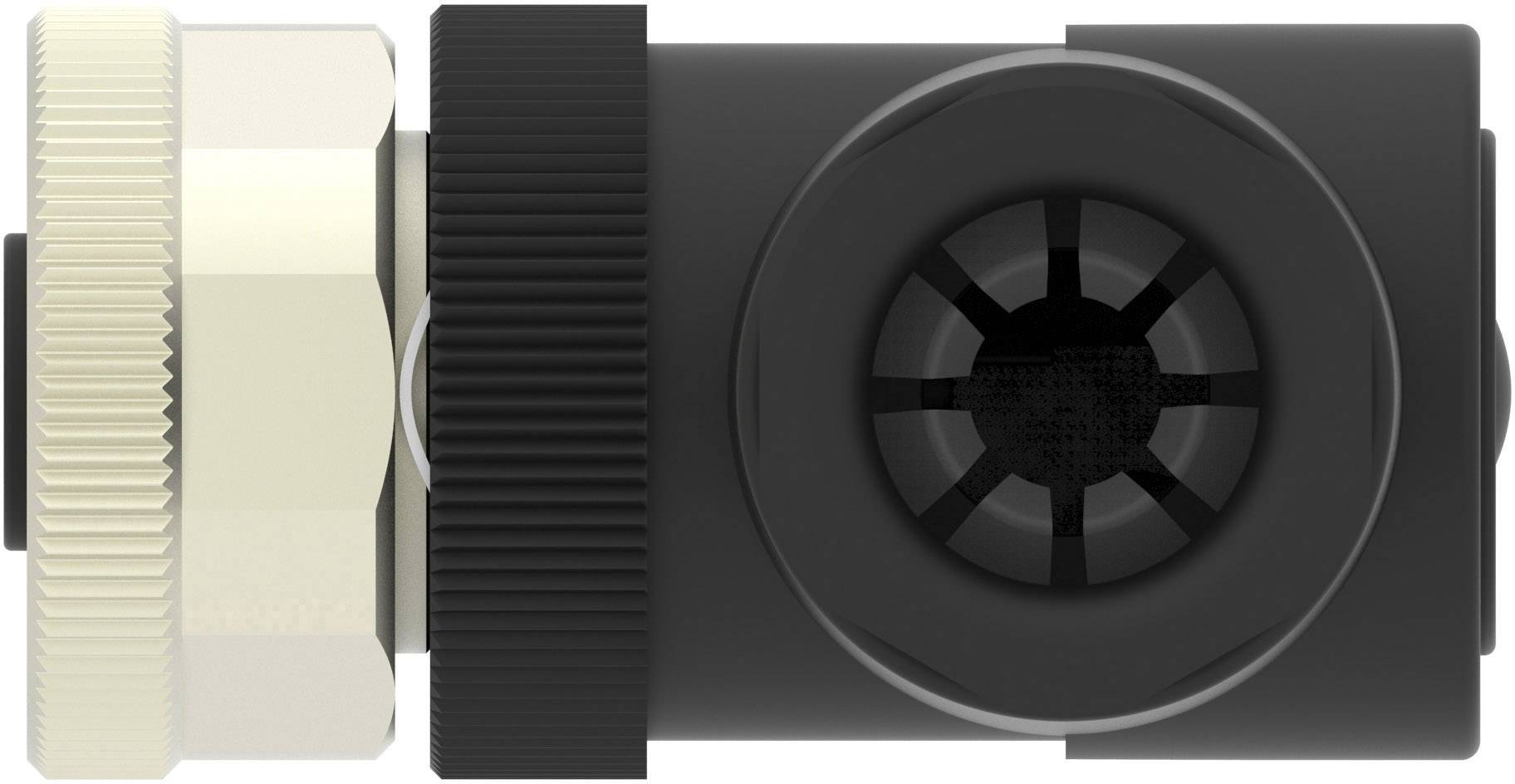 Pièce en plastique noir avec des composants circulaires au centre et des connexions des deux côtés. À gauche, un raccord hexagonal métallique.
