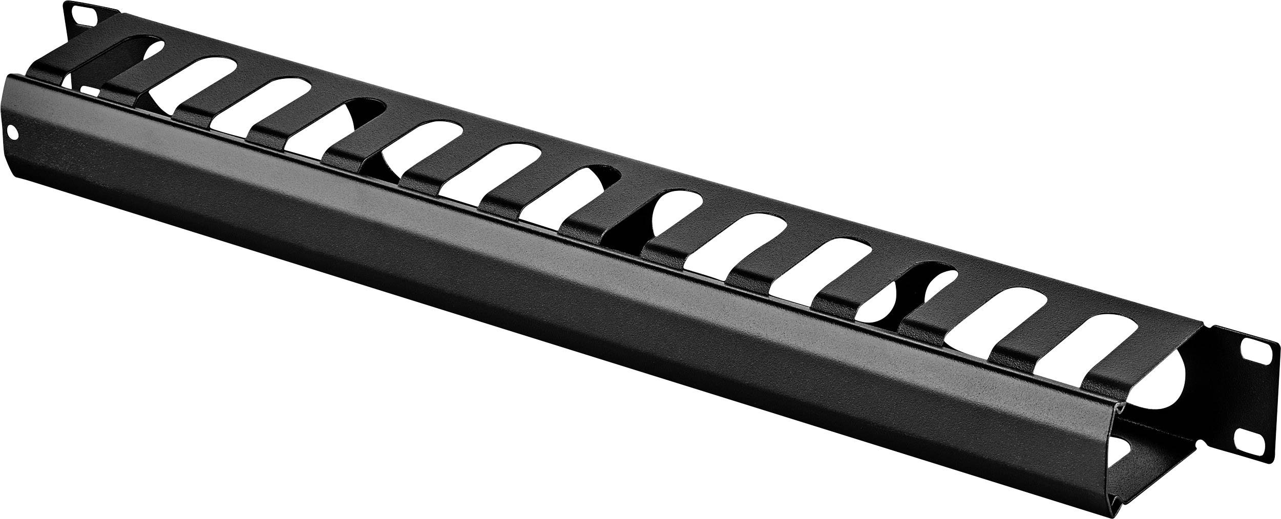 Un canal de gestion de câbles noir avec plusieurs ouvertures pour guider convenablement les câbles, généralement utilisé dans les armoires réseau.