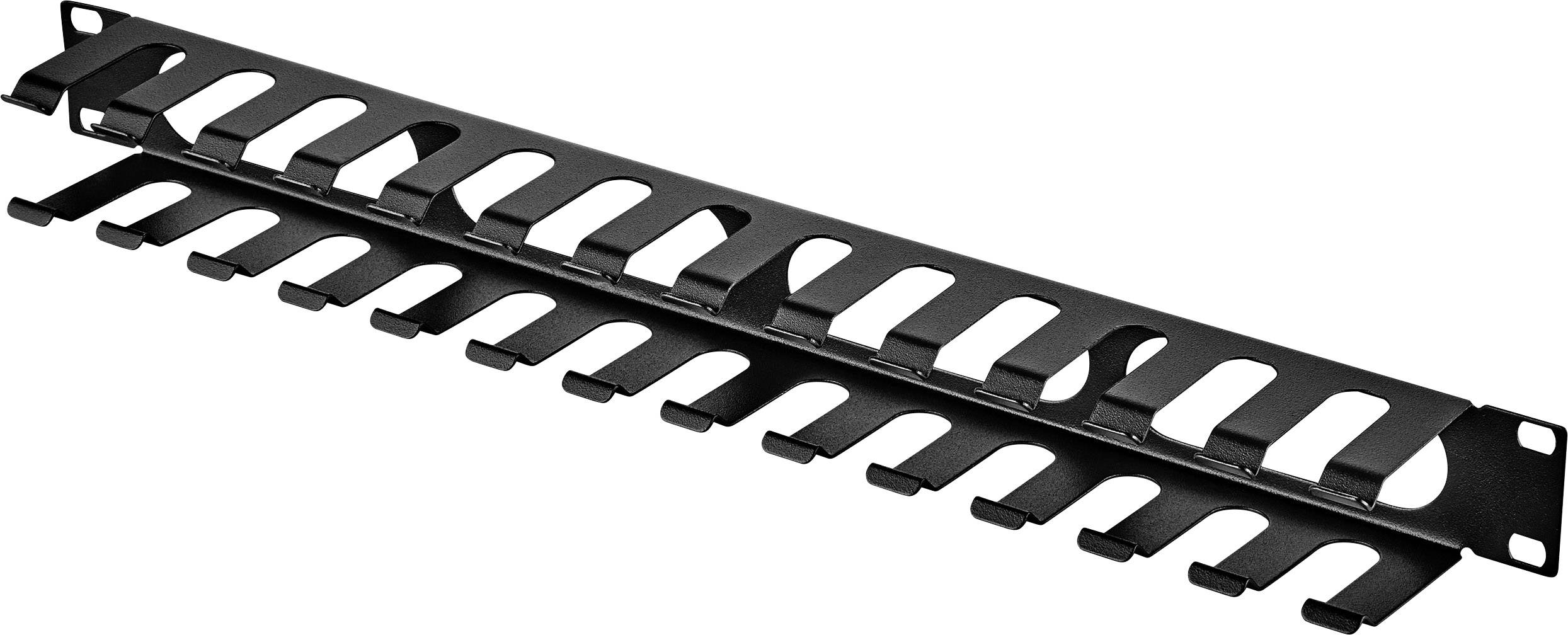 Un panneau de gestion de câbles noir avec plusieurs crochets pour un rangement ordonné des câbles dans un rack ou une armoire serveur.