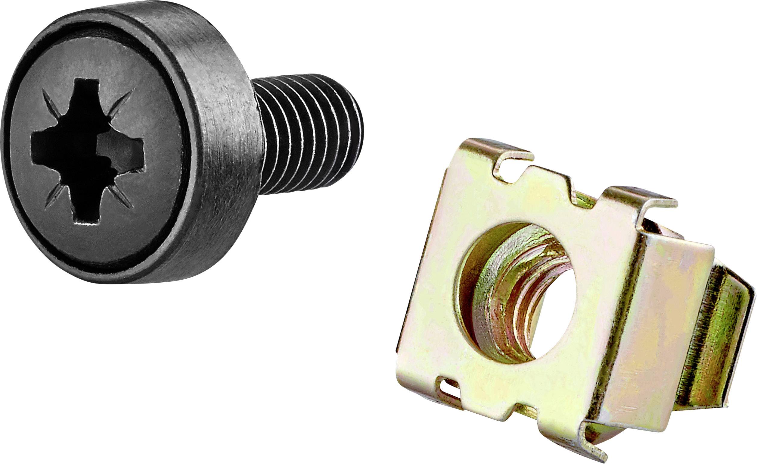 Vis noire à tête cruciforme et écrou-cage carré en métal, destinée à des fixations techniques.