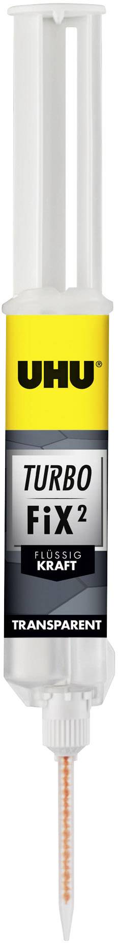 Colle bi-composante UHU, appelée 'Turbo Fix 2', en double seringue, transparente, pour des liaisons solides.